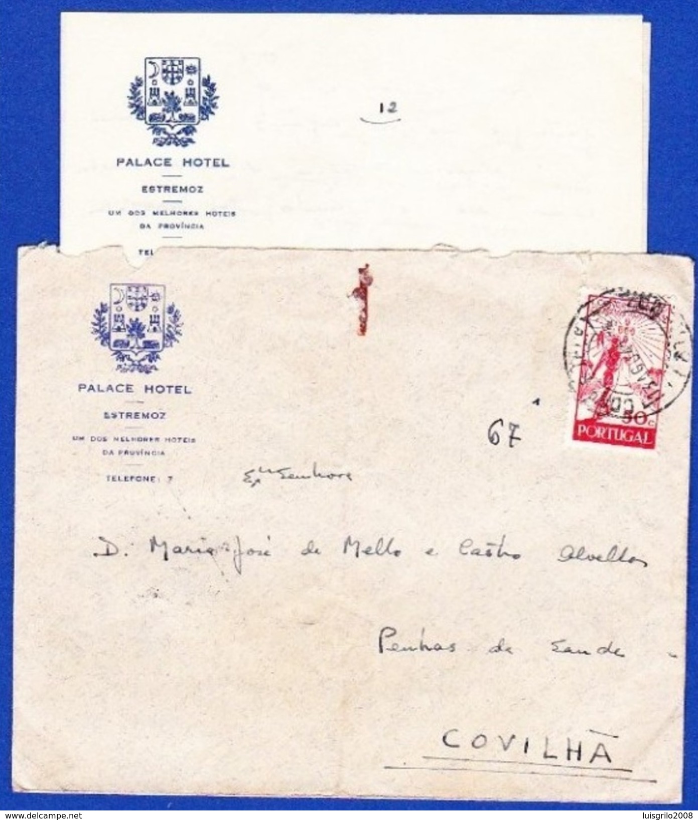 PALACE HOTEL . ESTREMOZ - Cover + Letter, Estremoz To Covilhã // Cancel - Estremoz, 13.Ago.1944 - Covers & Documents