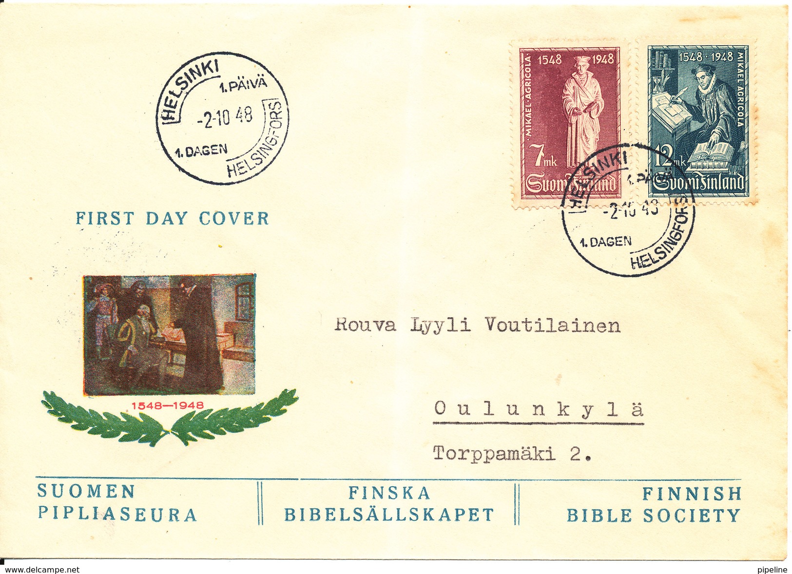 Finland FDC 2-10-1948 400th Anniversary Translation Of The Bible With Cachet - FDC