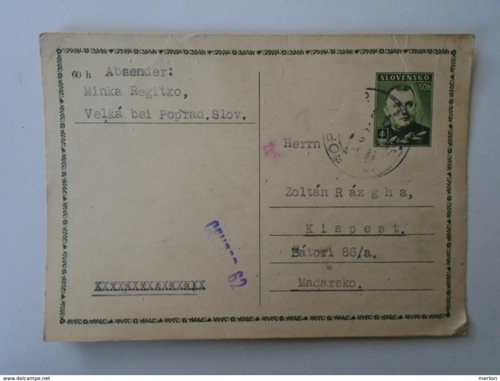 D155159 - Slovakia   Postal Stationery - Velka Pri Poprad - 1941 - Postcards