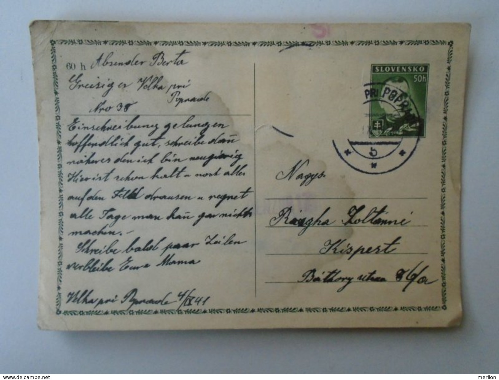 D155160 - Slovakia   Postal Stationery - Velka Pri Poprad - 1941 - Postkaarten