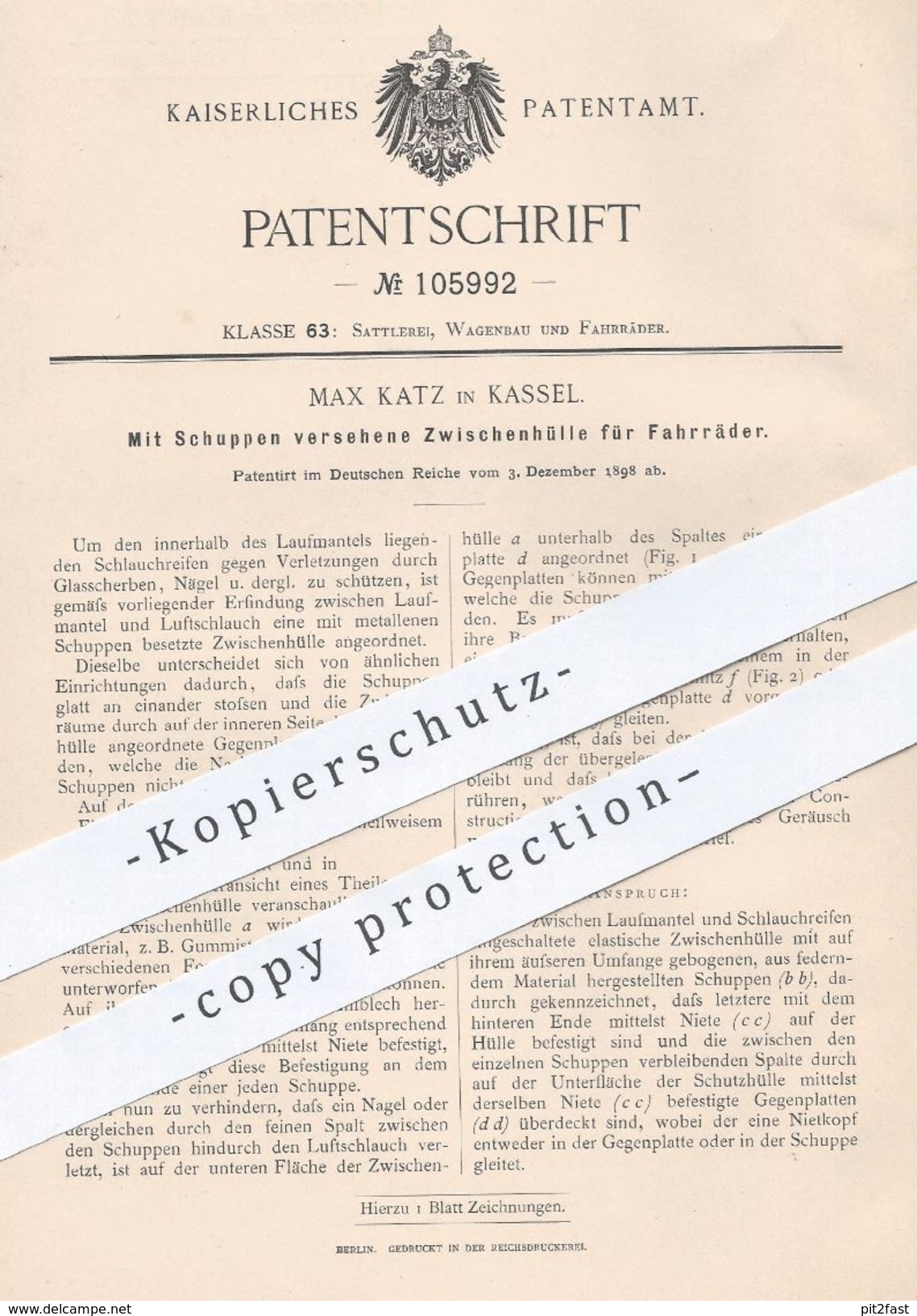 Original Patent - Max Katz , Kassel , 1898 , Zwischenhülle Für Fahrrad - Reifen | Fahrräder , Schlauch , Schlauchreifen - Documents Historiques