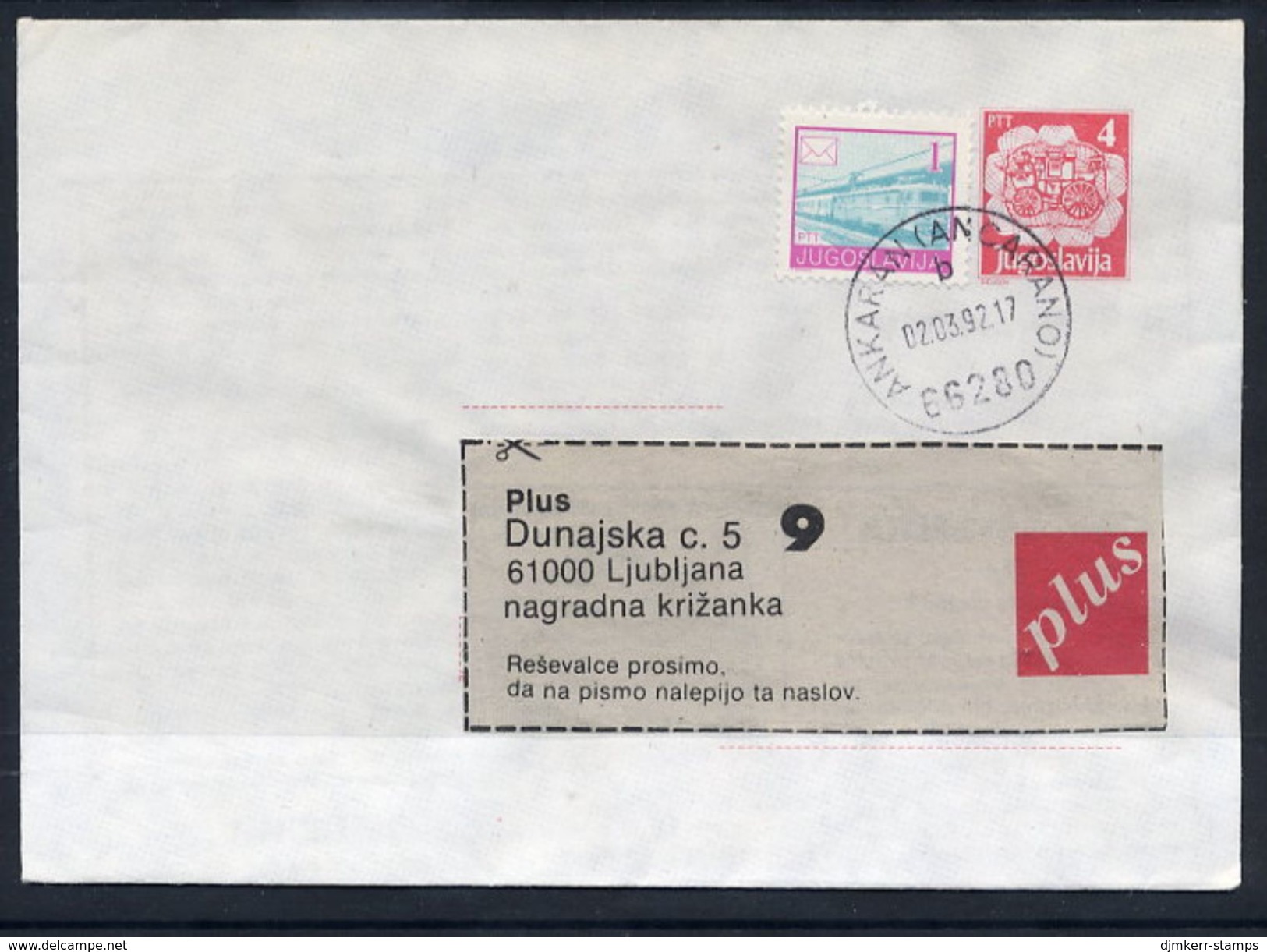 YUGOSLAVIA 1991 Mailcoach 4 D. Stationery Envelope Used With Additional Franking.  Michel U98 - Postal Stationery