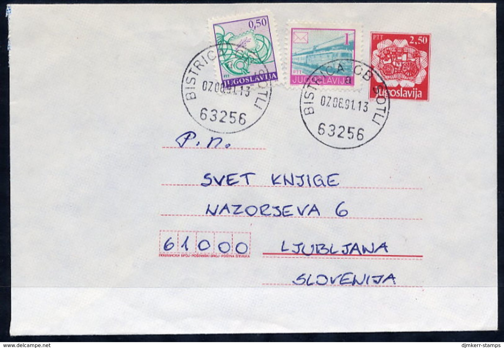 YUGOSLAVIA 1991 Mailcoach 2.50 D. Stationery Envelope Used With Additional Franking.  Michel U97 - Postwaardestukken