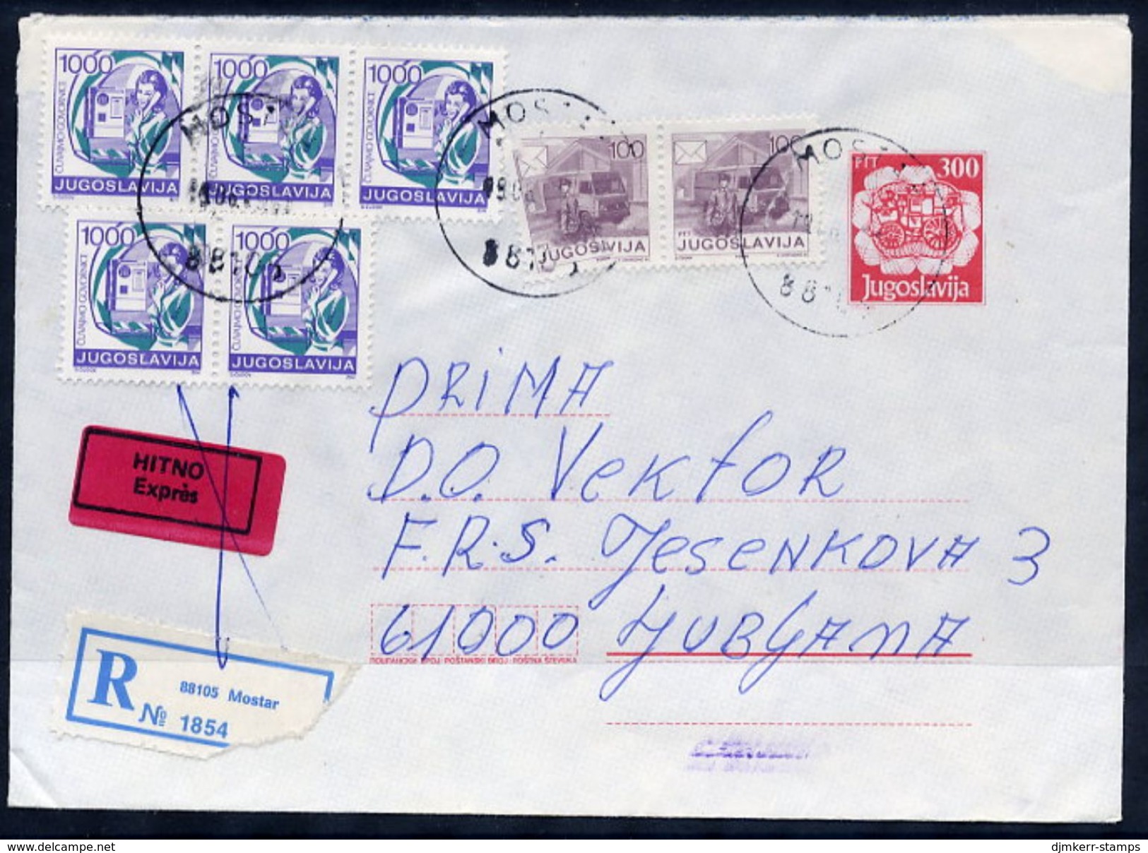 YUGOSLAVIA 1989 Mailcoach 300 D.envelope Used With Additional Franking And Express Label (Croatian).  Michel U89 - Postwaardestukken