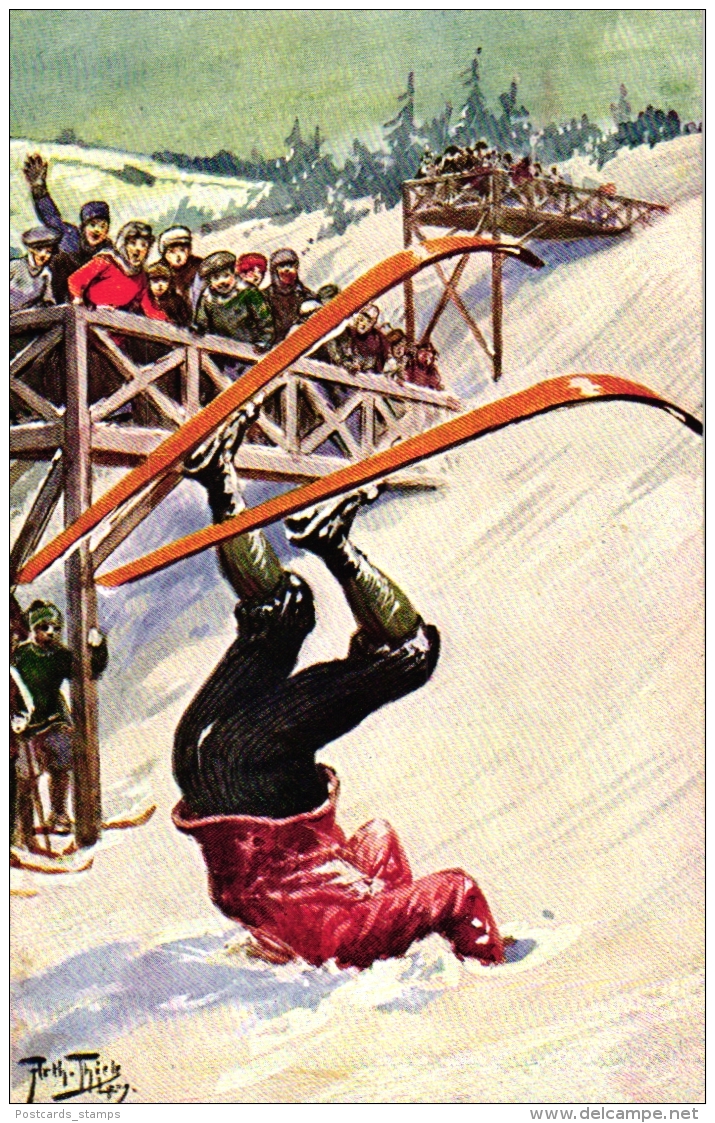 Wintersport, Verunglückter Skifahrer, Scherz-AK, Sign. Arthur Thiele - Thiele, Arthur