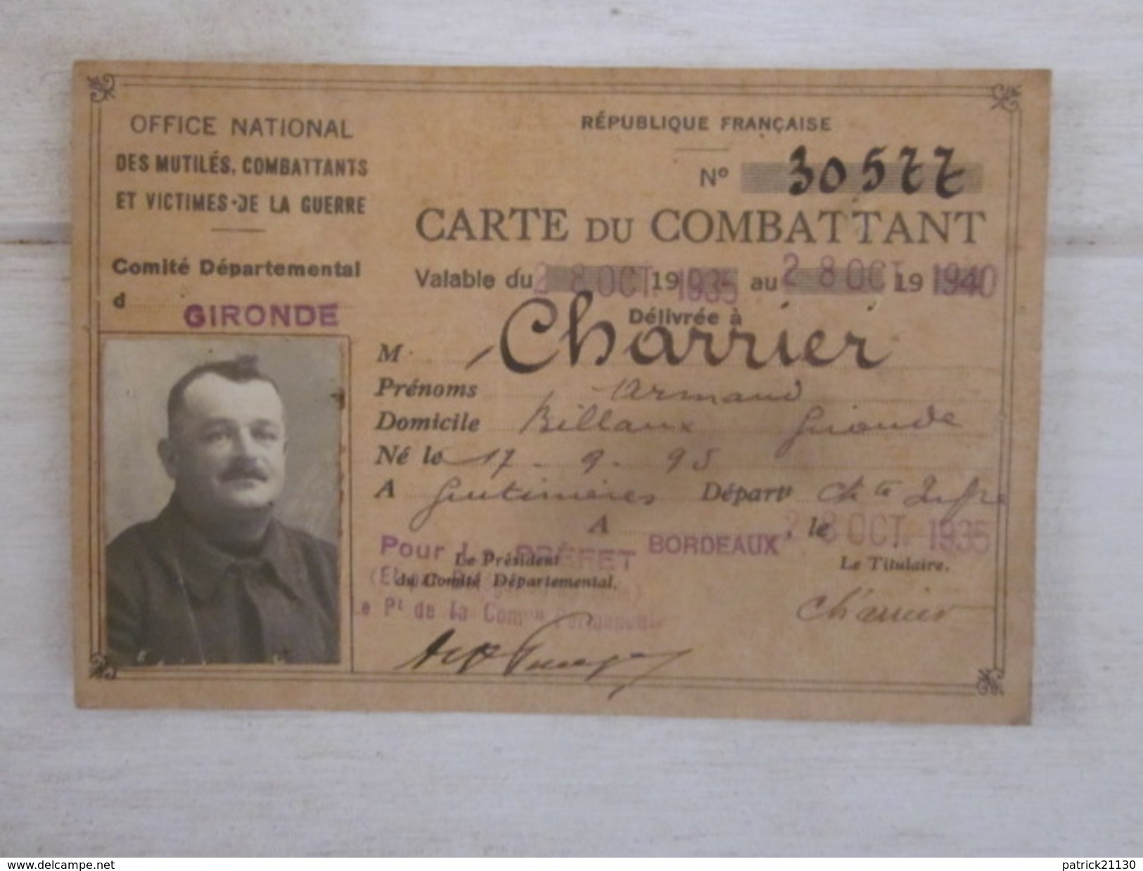 CARTE DU COMBATTANT MR CHARRIER 1935 BORDEAUX NE EN 1895 - Documents