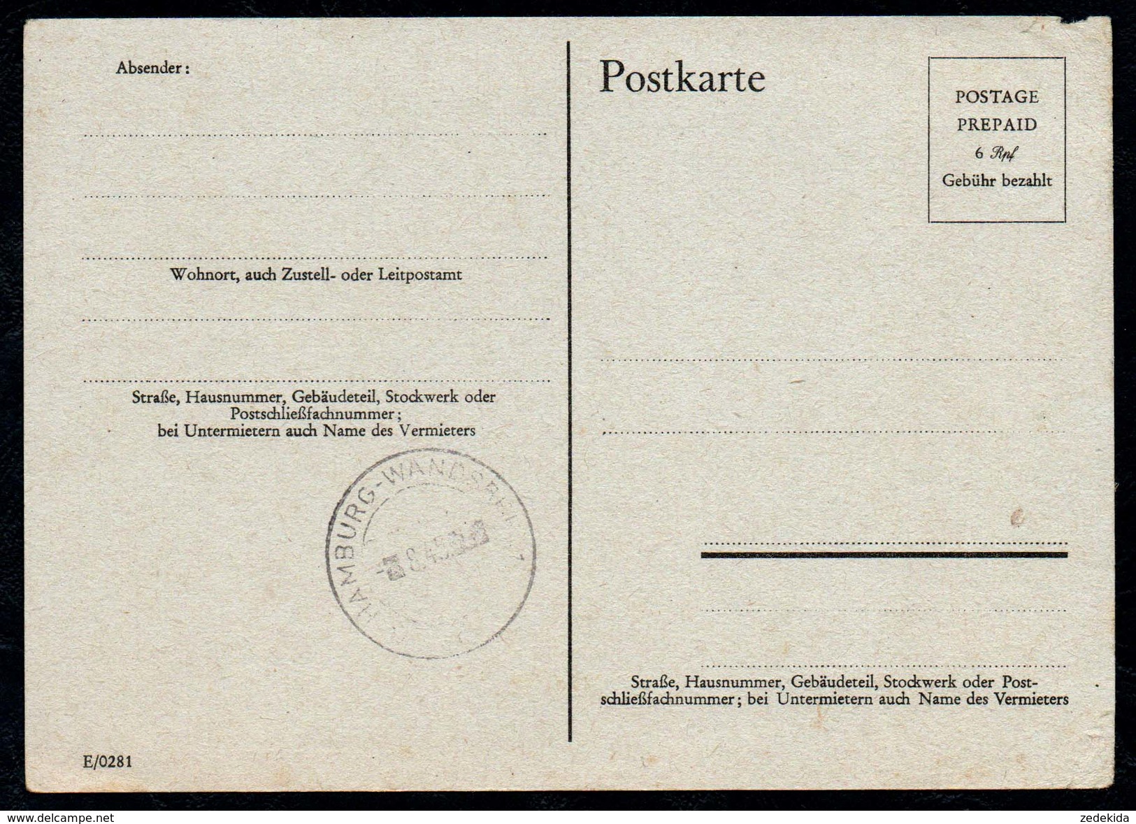 A9135 - Bezirk Wandsbek - Stempel 1945 Postkarte - Sonstige & Ohne Zuordnung