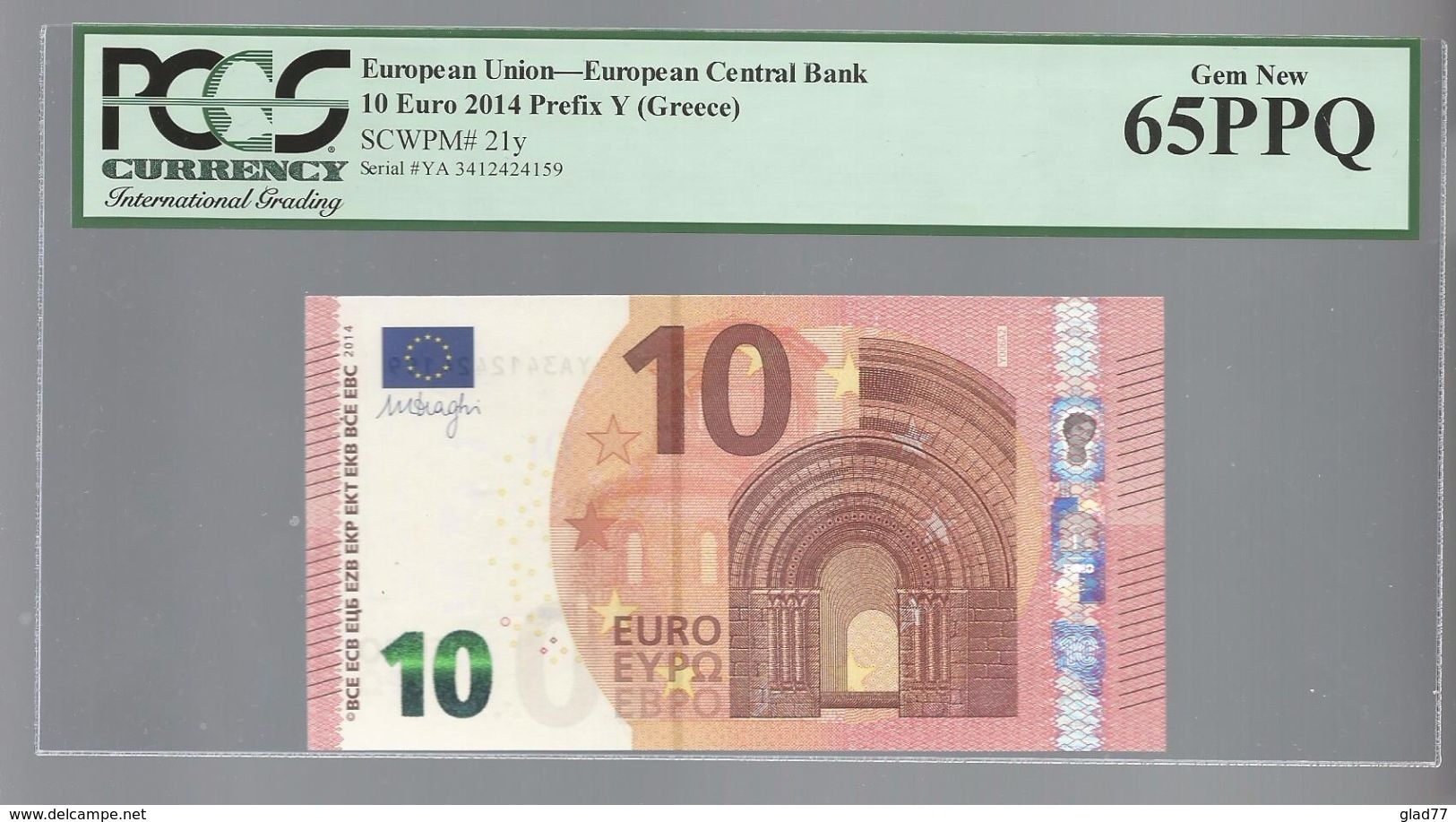 Greece  "Y" 10  EURO GEM UNC! Draghi Signature!!  "Y" PCGS 65PPQ (Perfect Paper Quality)   Printer  Y006A2! - 10 Euro