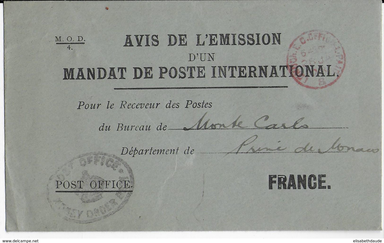 1928 -  ENVELOPPE EMISSION D'un MANDAT POSTE INTERNATIONNAL De LONDON (GB) => MONACO - RARE - Cartas & Documentos
