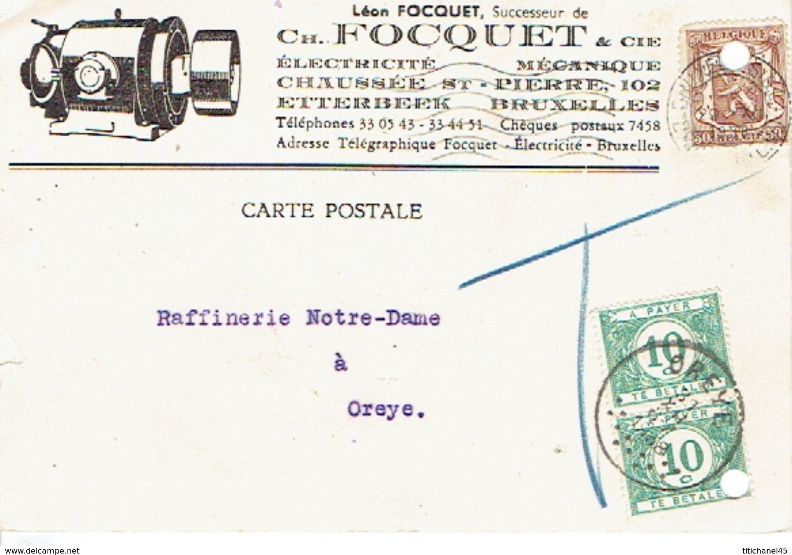 Carte Postale Publicitaire Léon FOCQUET à ETTERBEEK Taxée 20c 2TX33 Oblit. BRUXELLES Vers OREYE 31.12.1938 + T Crayon Bl - Andere & Zonder Classificatie