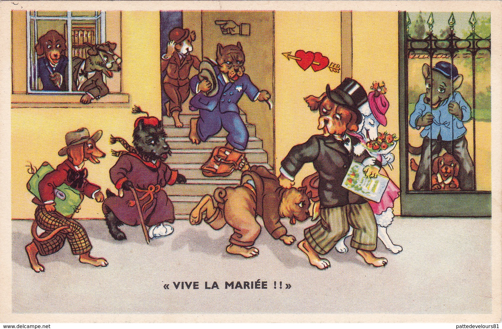 CPSM Animal Humanisé Position Humaine Divers Chiens Dog Teckel Dackel Daschsund "Vive La Mariée" Humour Illustrateur - Chiens