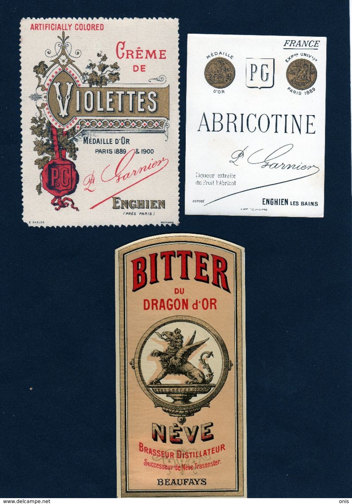 Enghien,Beaufays :Liqueurs Crème De Violettes,Abricotine GARNIER; Bitter "Dragon D'Or" NEVE-  ( BAELDE ,Poitiers,1910. - Otros & Sin Clasificación