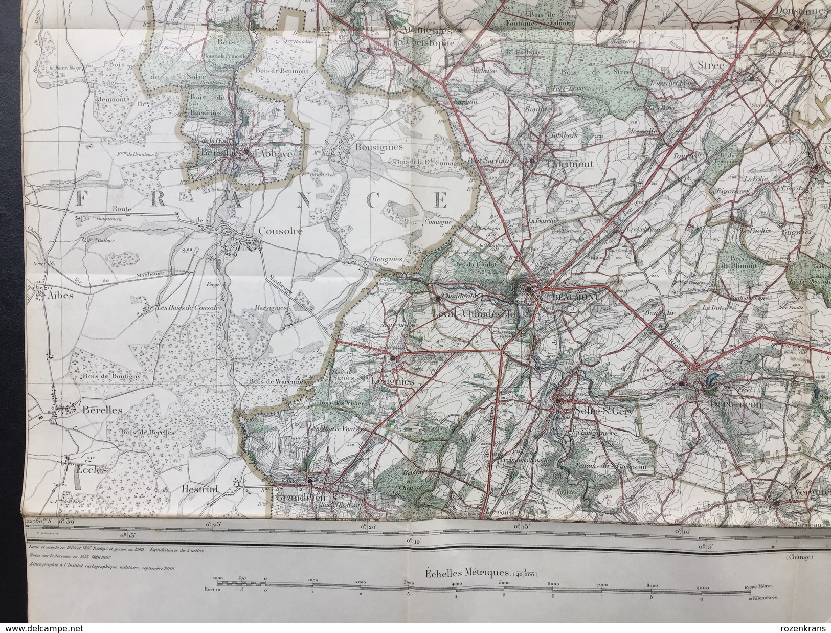 Topografische en militaire kaart STAFKAART 1909 Thuin Gozee Grandrieu Silenrieux Walcourt Nalinnes Beaumont Erpion