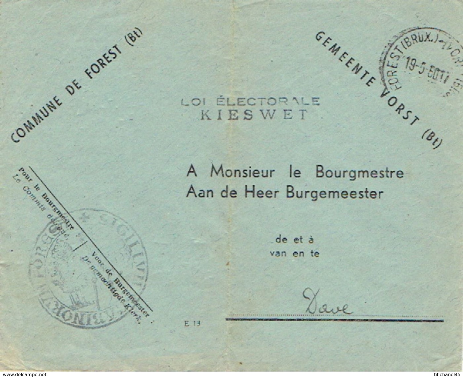 Lettre/Brief ADMINISTRATION COMMUNALE DE FOREST - GEMEENTE VORST + Cachet LOI ELECTORALE + Stempel KIESWET - Franchise