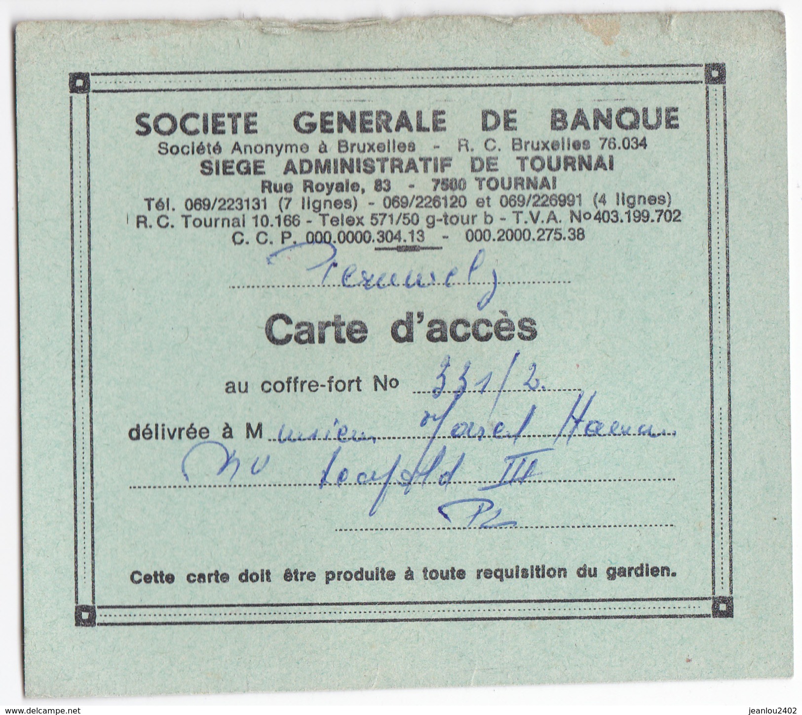 CARTE D ACCES COFFRE FORT - Bank & Versicherung