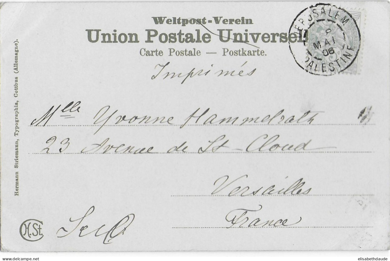 PALESTINE BUREAU FRANCAIS - 1906 - CARTE De JERUSALEM => VERSAILLES - Storia Postale