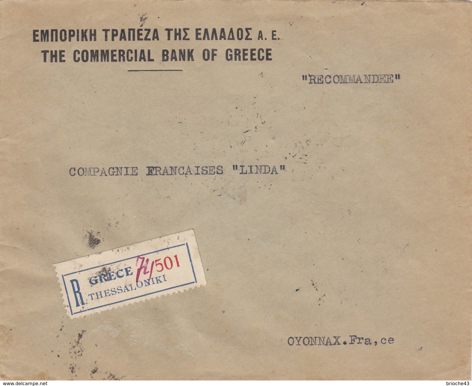 GRECE - THE COMMERCIAL BANK OF GREECE - RECOMMANDEE THESSALONIKI POUR OYONNAX FRANCE 29.VII.1930  / 1 - Cartas & Documentos