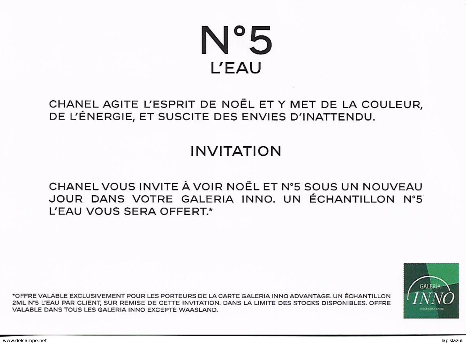 CHANEL Carte D'invitation  N° 5 L'Eau ( Noël 2017) - Modernes (à Partir De 1961)
