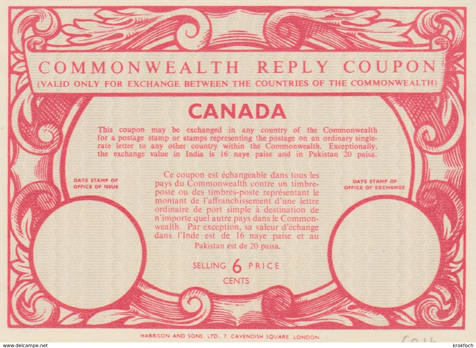 Coupon-réponse Canada Commonwealth 6 Cents - Modèle Co 14 - IRC CRI IAS - Coupons-Réponses