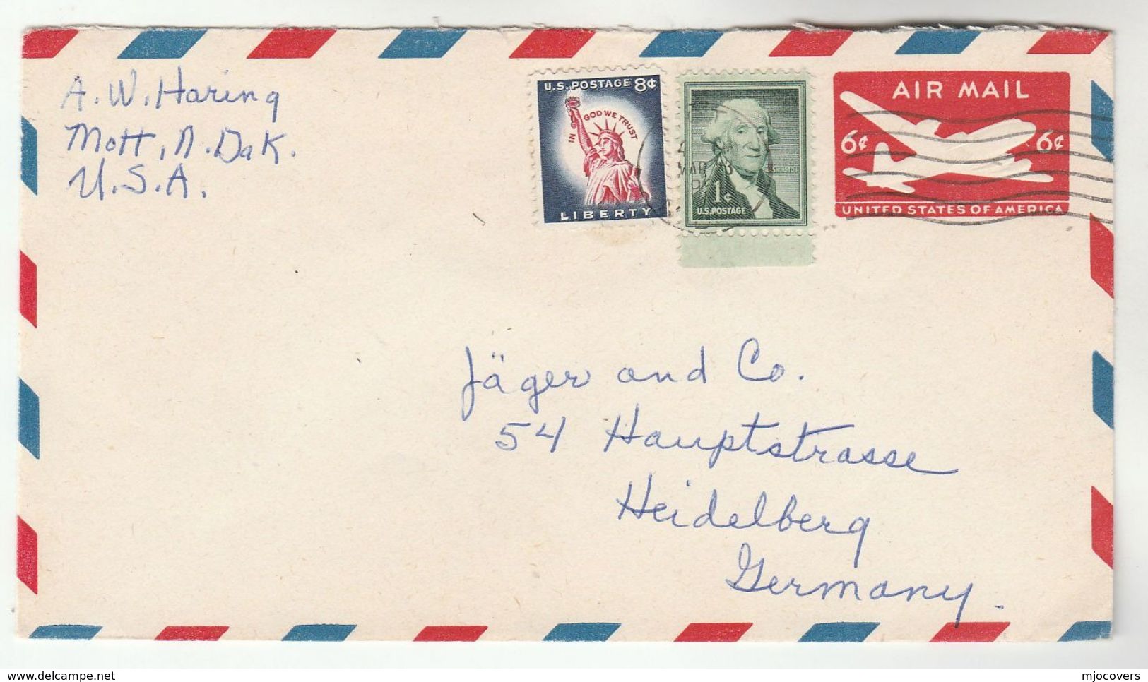 USA  1c 8c Stamps On UPRATED  6c AIRMAIL  POSTAL STATIONERY COVER  To Germany Aviation - 1961-80