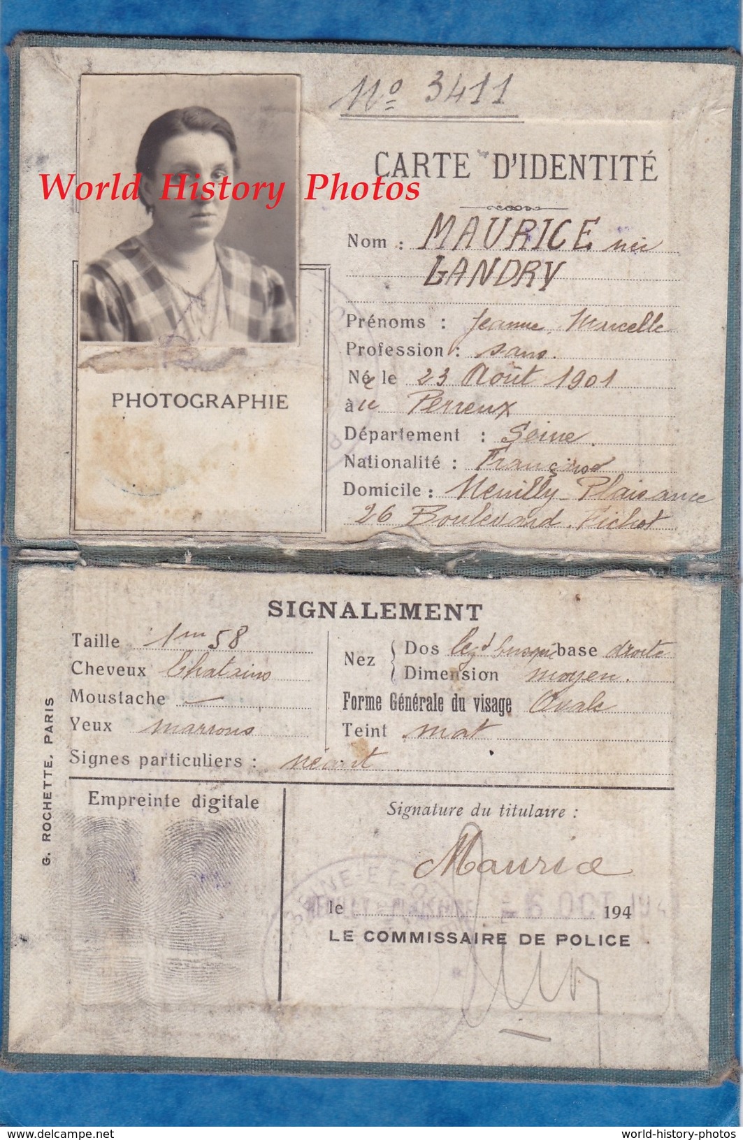 Carte D'identité Ancienne Vers 1940 - Jeanne Marcelle LANDRY épouse MAURICE - 26 Boulevard Pichot Neuilly Plaisance - Autres & Non Classés