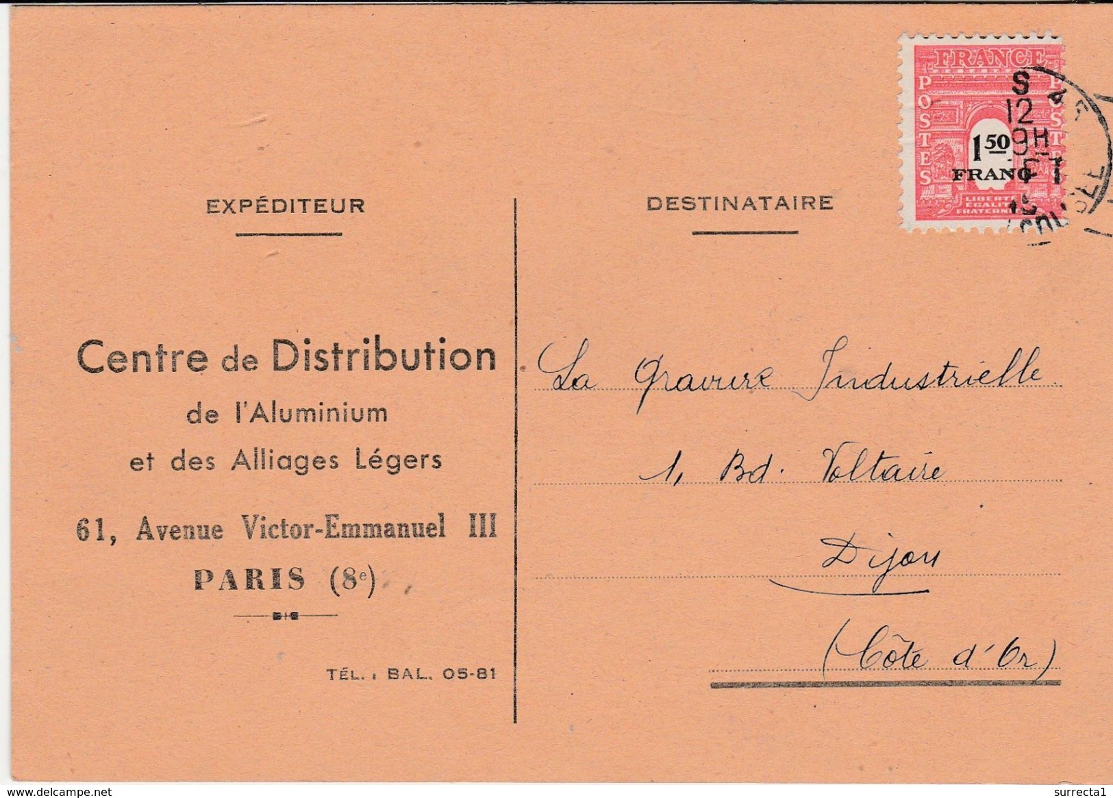 Carte Lettre Commerciale 1945 / Centre Distribution Aluminium / Paris / Timbre Arc De Triomphe 708 SSL - 1944-45 Arc De Triomphe