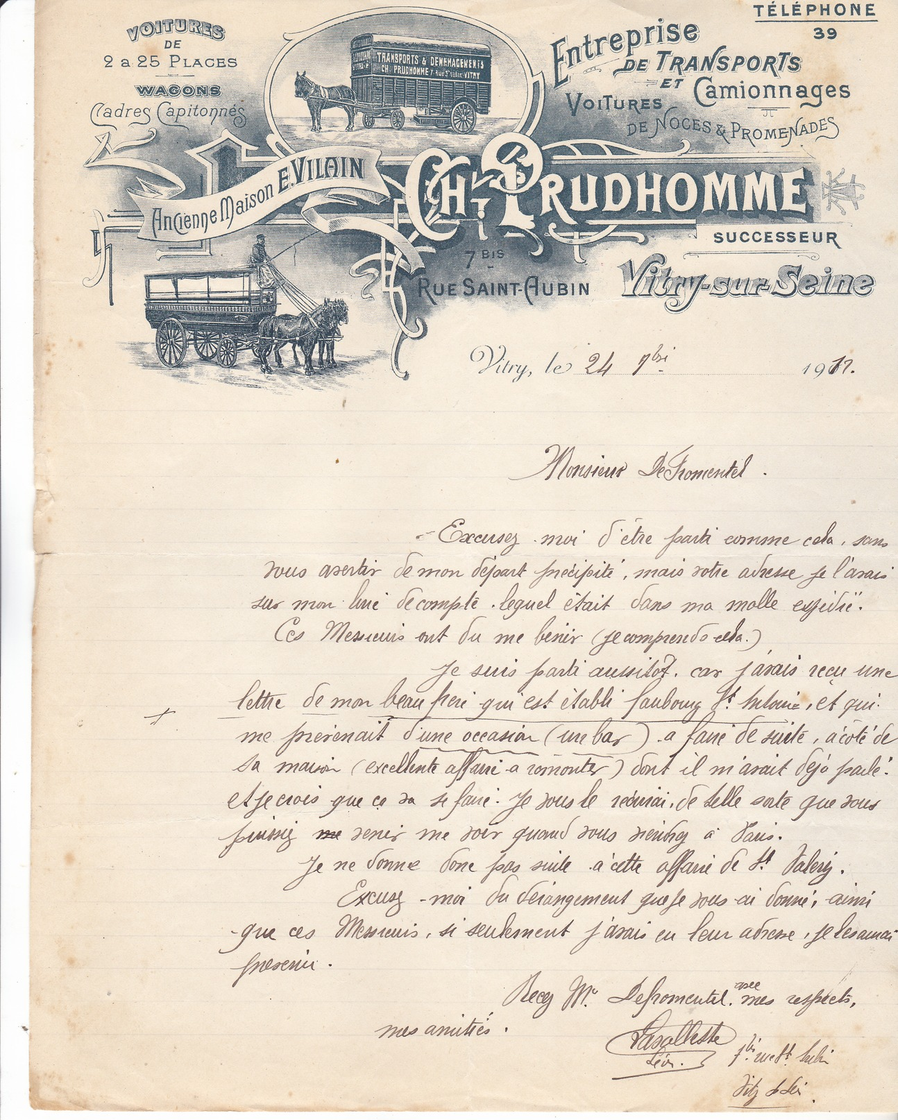 94 Vitry Sur Seine- Entreprise De Transports CH PRUDHOMME Rue St Aubin,  TB Illustration.lettre De 1911. Tb état. - 1900 – 1949