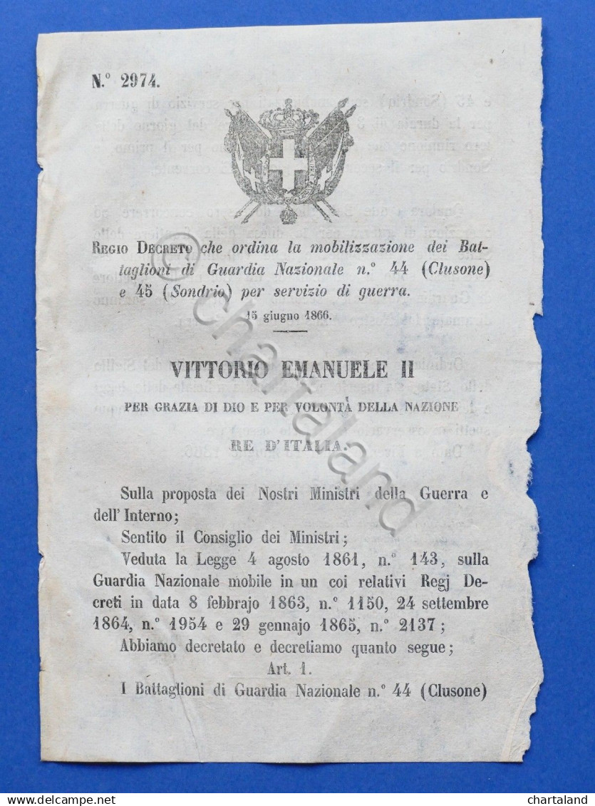 Regno D'Italia Regio Decreto Mobilizzazione Battaglioni Guardia Nazionale - 1866 - Non Classificati