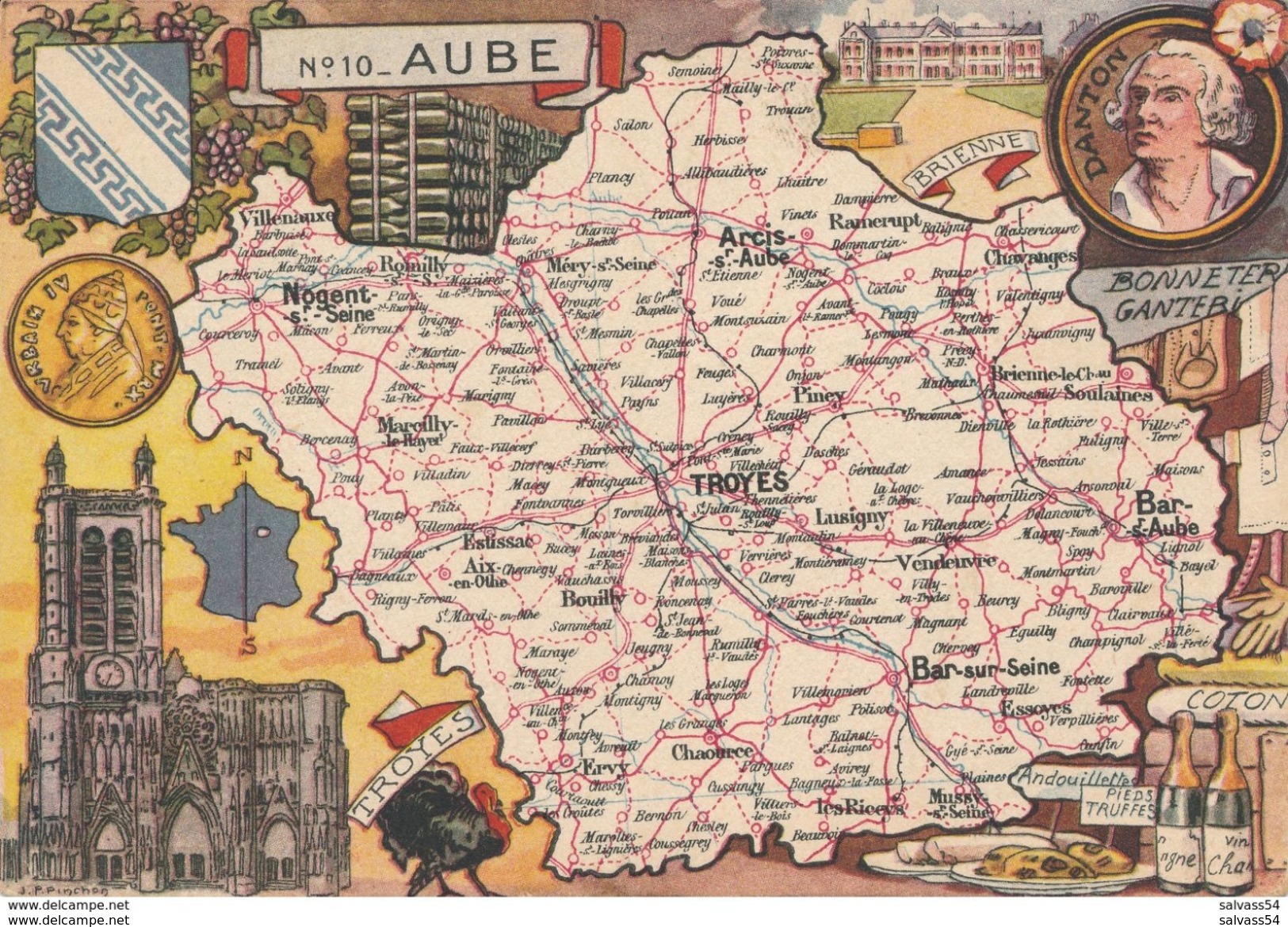 L'AUBE : Carte Géographique (1945) - Troyes, Bar-sur-Seine, Nogent, Arcis, Chaource, ... Danton - Cartes Géographiques