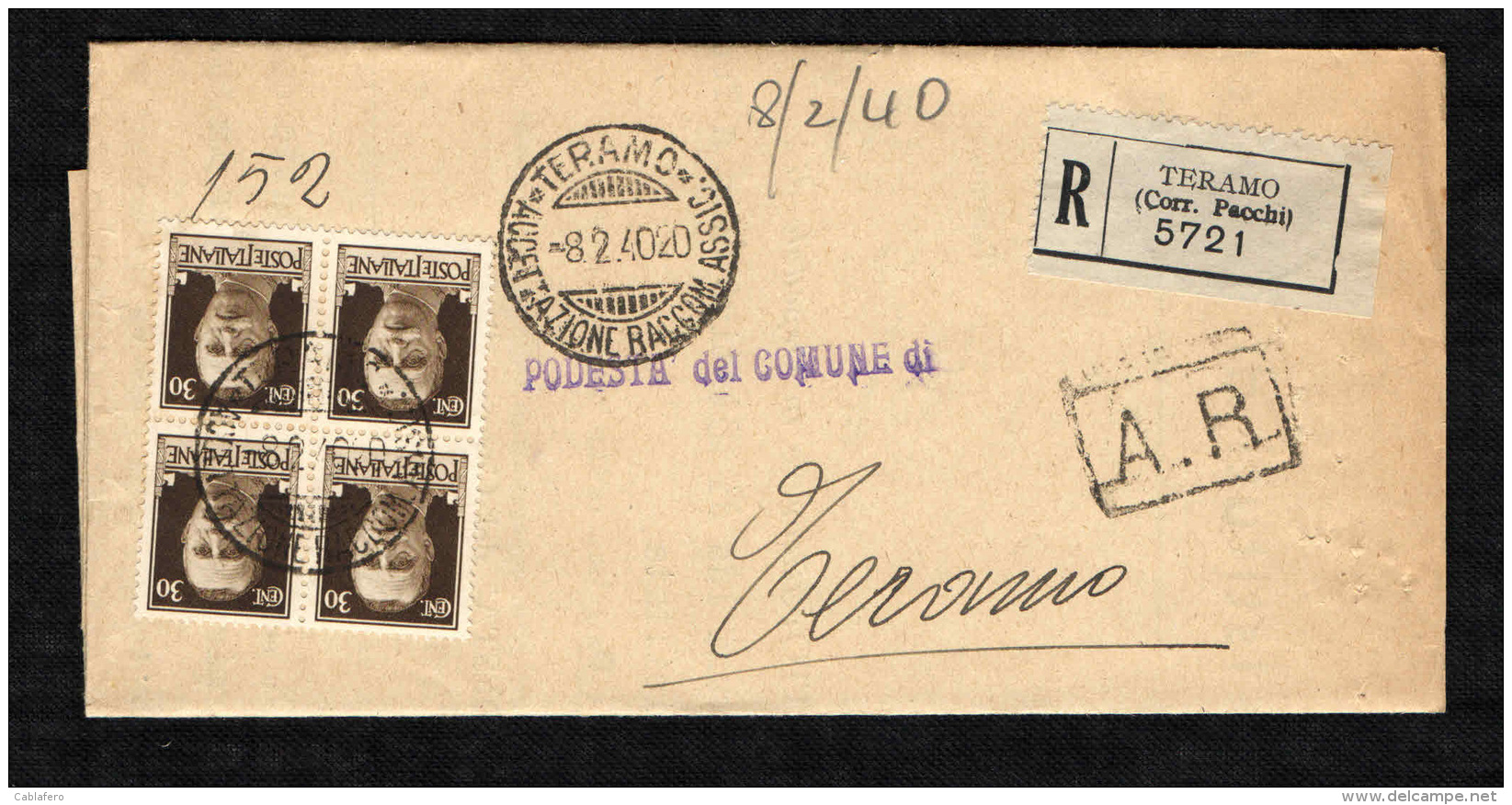 ITALIA REGNO - 8.2.40 - PLICO RACCOMANDATA DA TERAMO - QUARTINA IMPERIALE DA 30 CENT. - Storia Postale