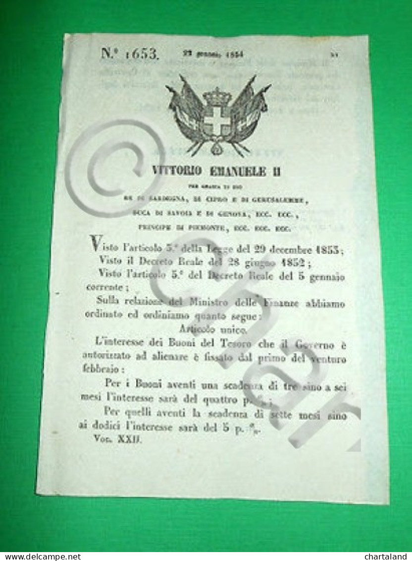 Decreti Regno Sardegna Torino Interesse Dei Buoni Del Tesoro 1854 - Non Classés