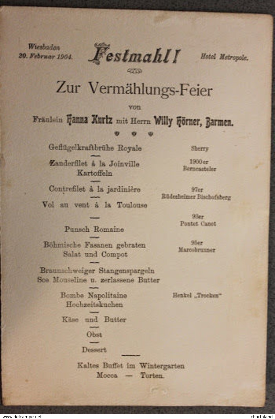 Collezionismo Menu Hotel Metropole In Tedesco Wiesbaden 20 Febbraio 1904 - Menus