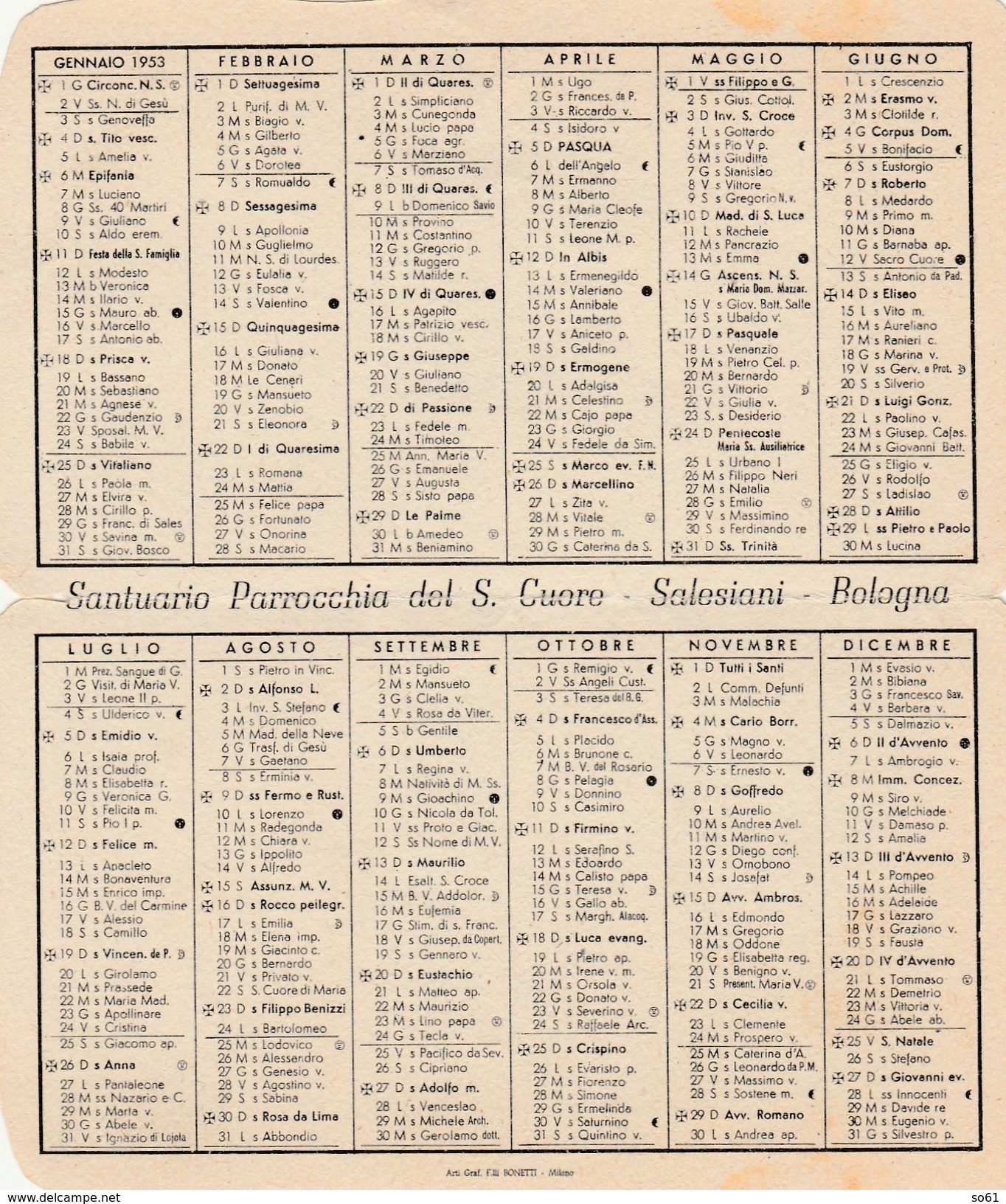 7369.   Calendario 1953 Santuario Parrocchia Del S. Cuore Di Gesù - Salesiani - Bologna - Pio X - Klein Formaat: 1941-60