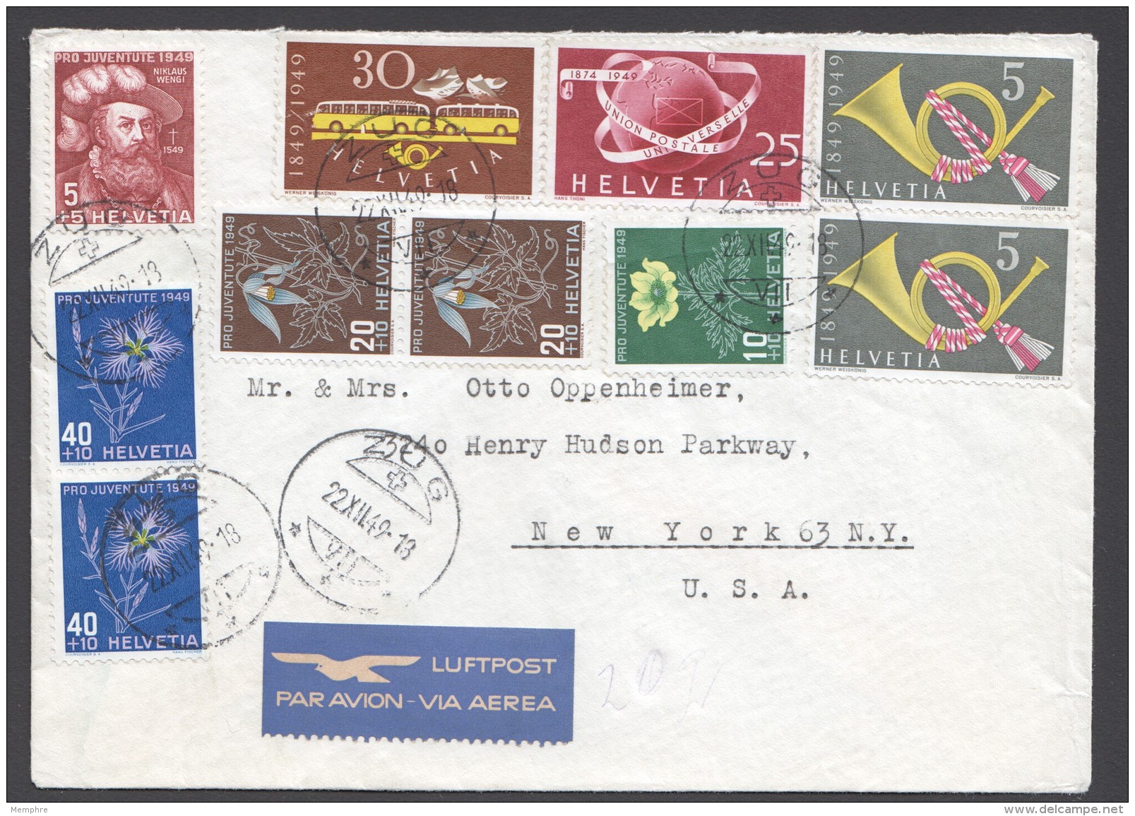 1949 Lettre Avion Pour Les USA Série Pro Juventute  Complète + Centenaire Des Postes Fédérales 30 Rp, UPU 25Rp - Briefe U. Dokumente