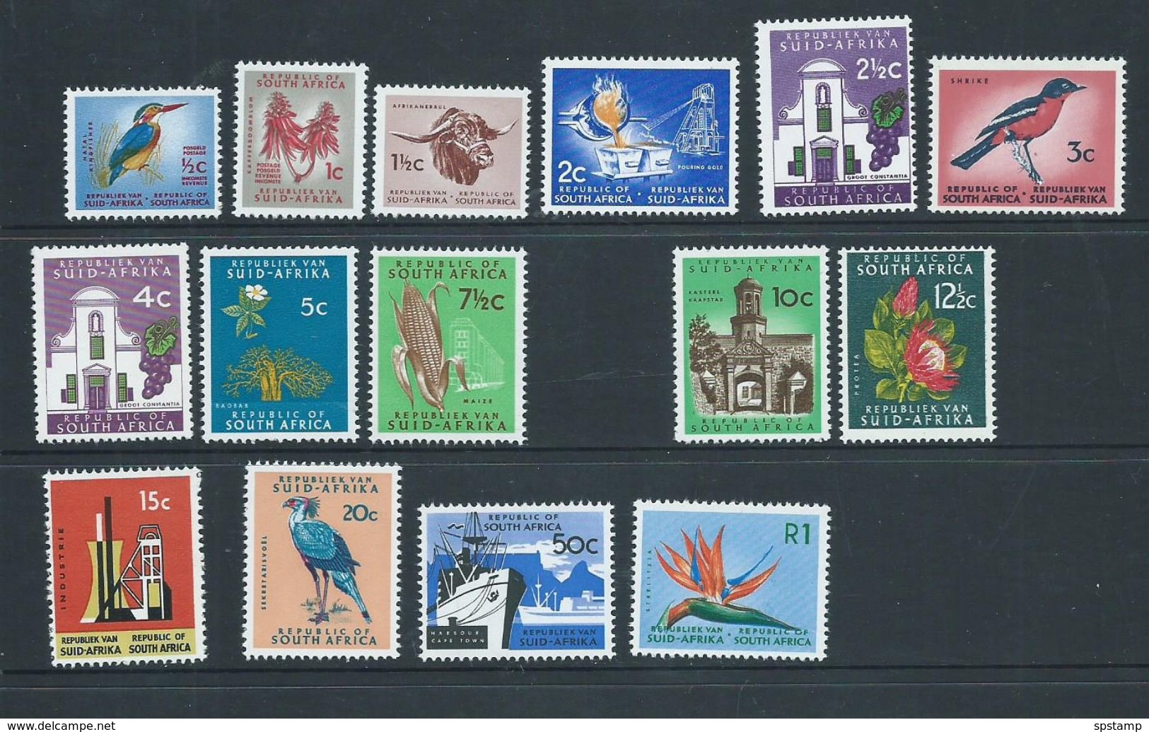 South Africa 1964 - 1972 RSA Watermark Definitives Part Set Of 15 To I Rand MNH , One With Small Mark - Unused Stamps