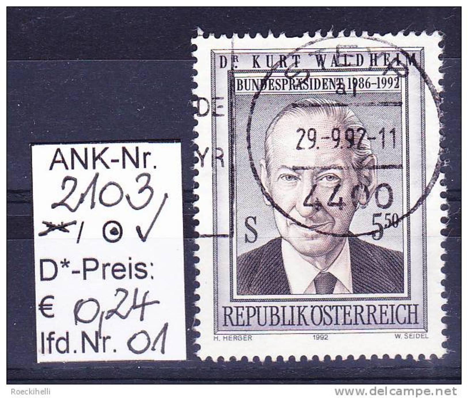 22.6.1992 -  SM  "Bundespräsident Dr. Kurt Waldheim"  -   O  Gestempelt  -  Siehe Scan  (2103o 01-02) - Usados