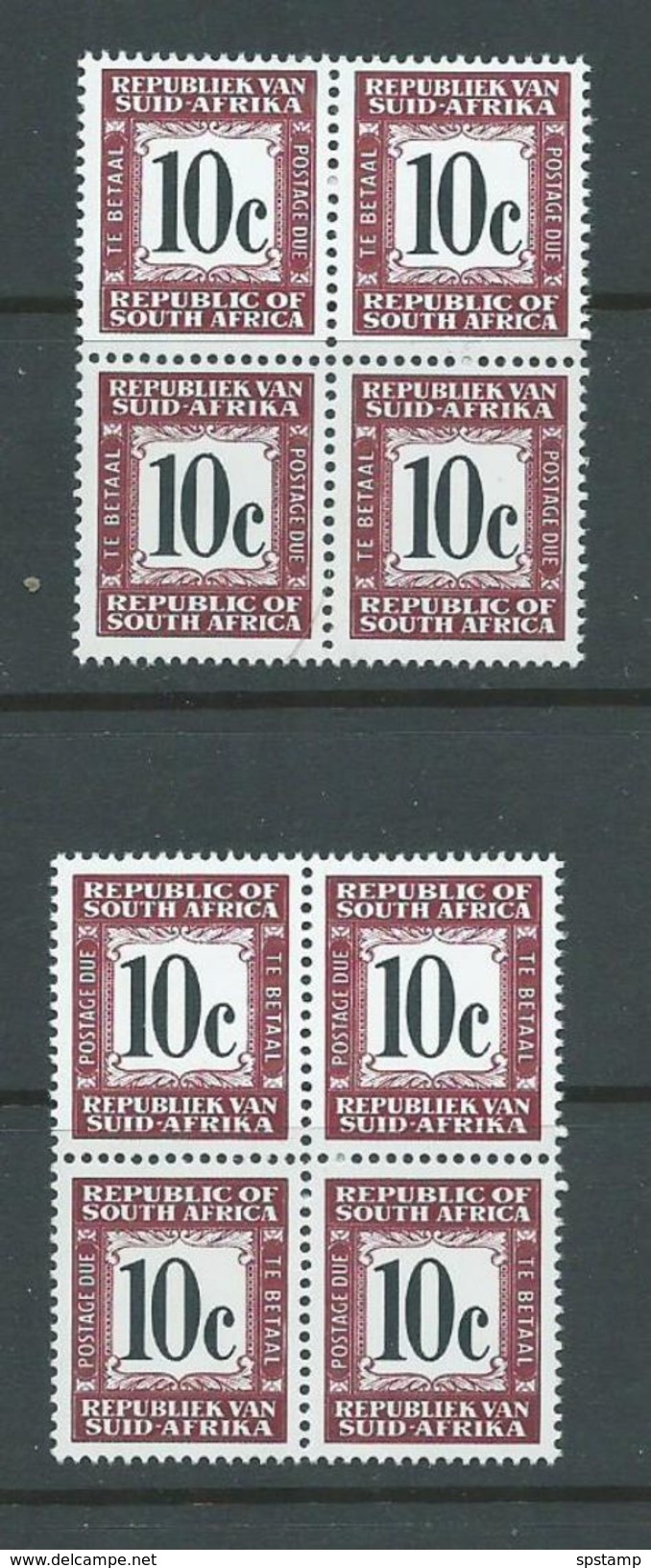 South Africa 1967 10c Purple-Brown & Black Postage Due Both Inscriptions MNH Blocks Of 4 - Neufs