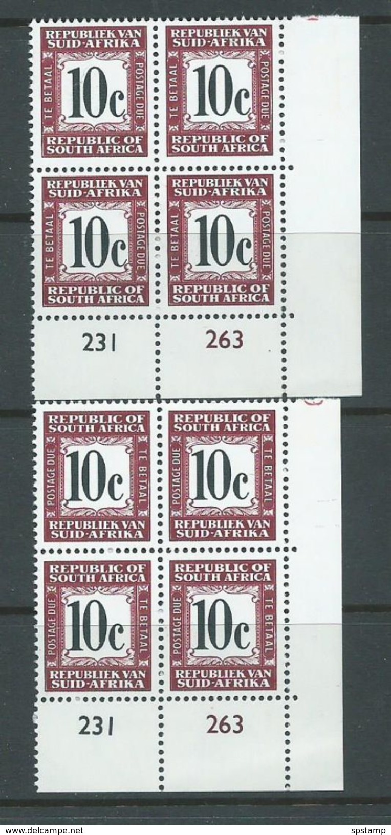 South Africa 1967 10c Purple-Brown & Black Postage Due Both Inscriptions MNH Blocks Of 4 With Control Numbers - Neufs