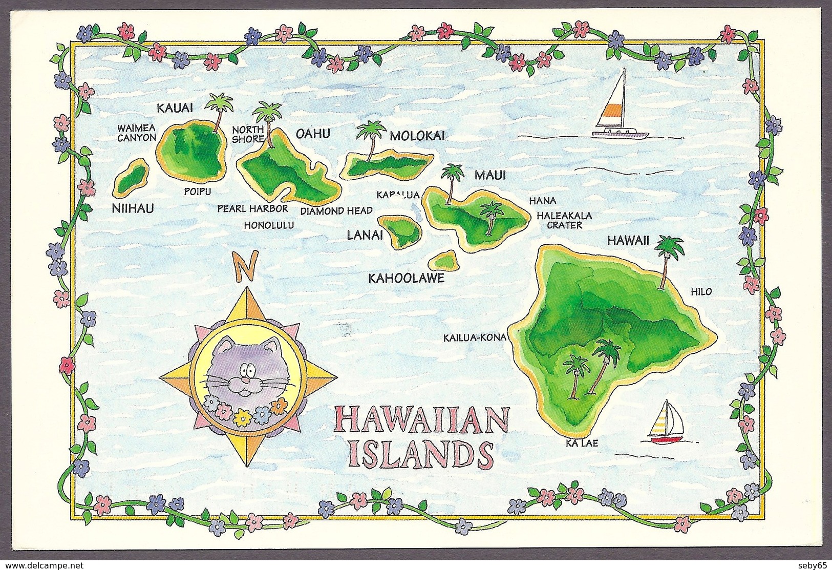 Hawaii - Hawaiian Islands, Map, Maps, Kauai, Ohau, Molokai, Maui, Big Island, Postcard - Big Island Of Hawaii