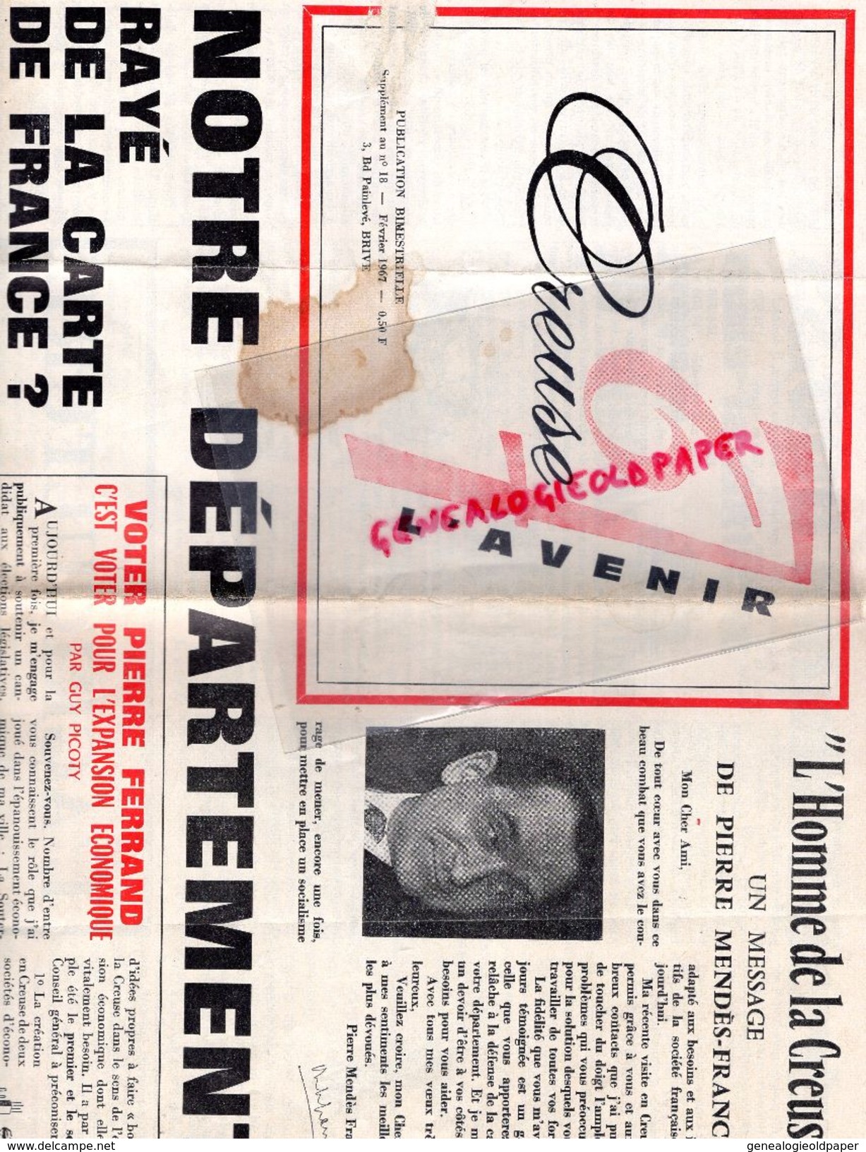 19- BRIVE- 23- CREUSE L' AVENIR- FEVRIER 1967- PIERRE MENDES FRANCE-DOCTEUR PIERRE FERRAND-GUY PICOTY-EVAUX BAINS-TOKYO - Documenti Storici