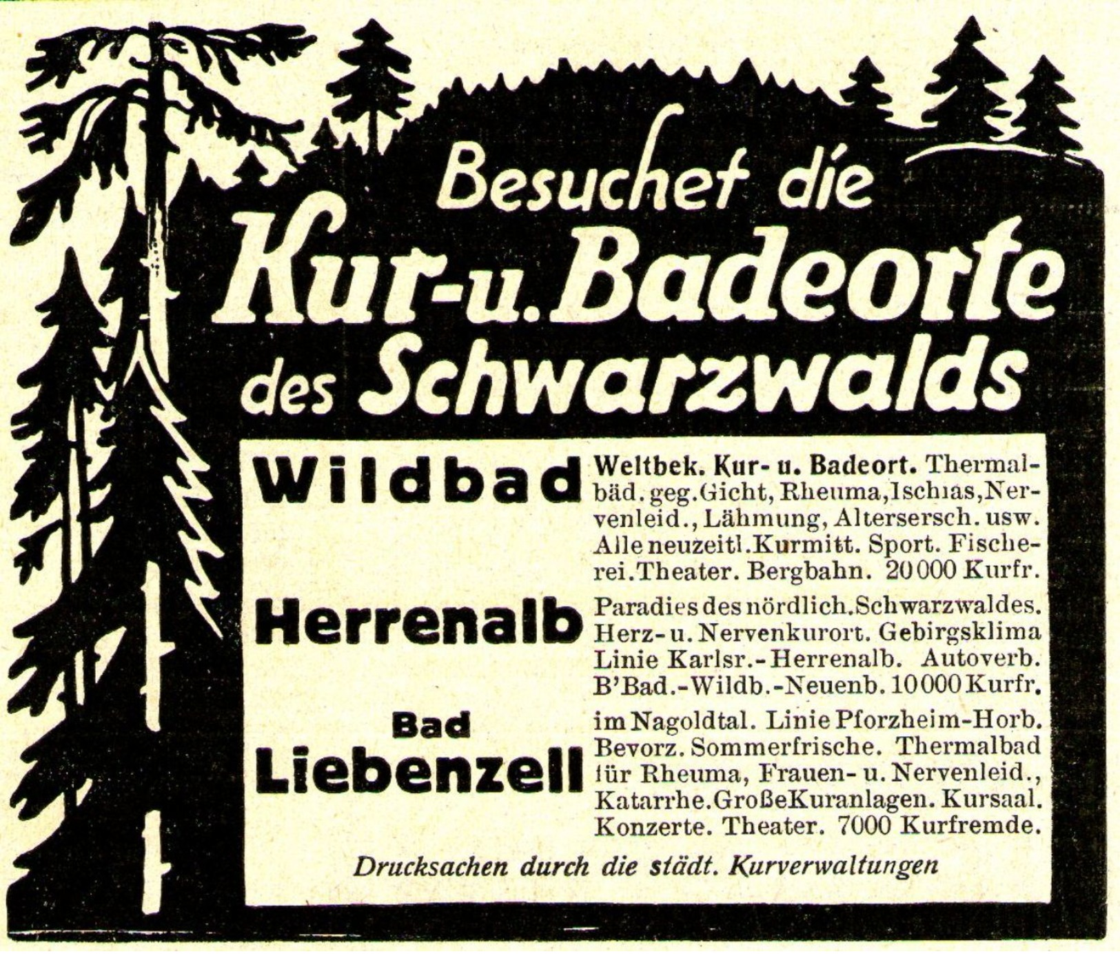 Original-Werbung/ Anzeige 1928 - KUR - UND BADEORTE SCHWARZWALD / WILDBAD / HERRENALB / BAD LIEBENZELL - Ca. 90 X 75 Mm - Werbung
