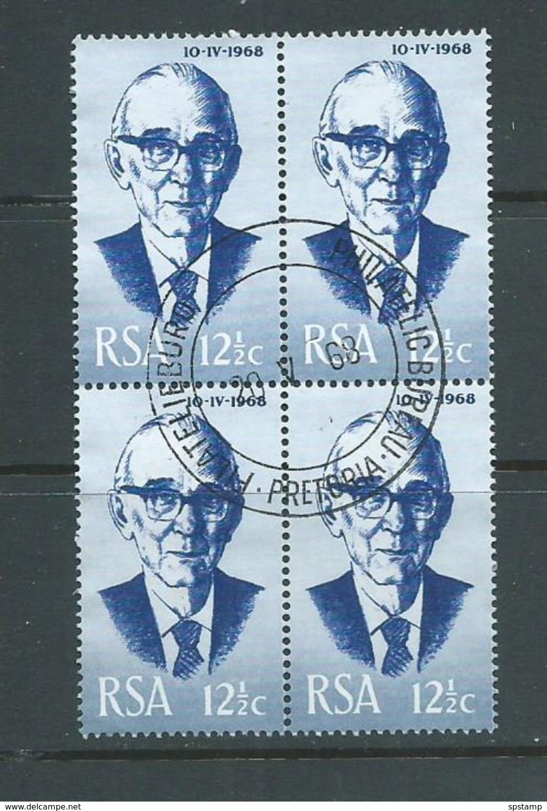 South Africa 1968 President Fouche 12.5 C Blue Block Of 4 FU , Central Cds 1 Unit Small Corner Crease - Used Stamps