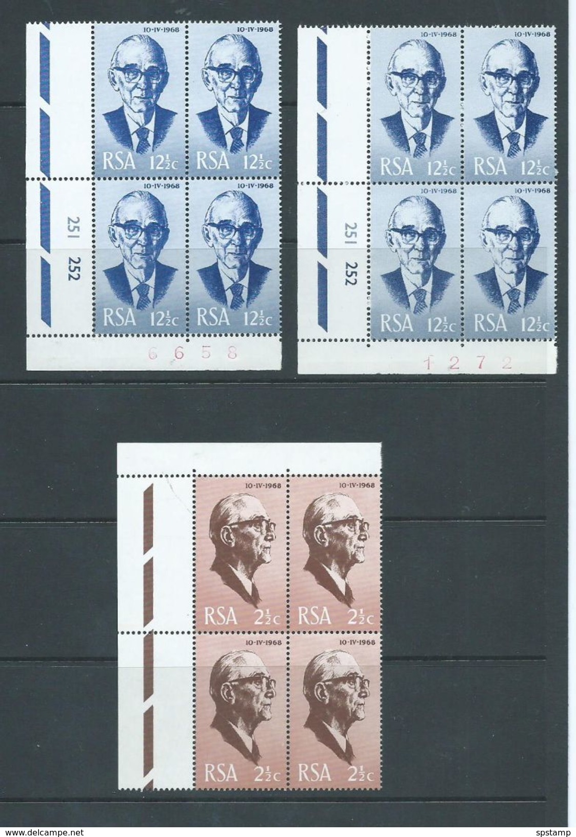 South Africa 1968 President Fouche Set 2 + Extra 12.5c Tete Beche Watermark Marginal Blocks Of 4 MNH - Neufs