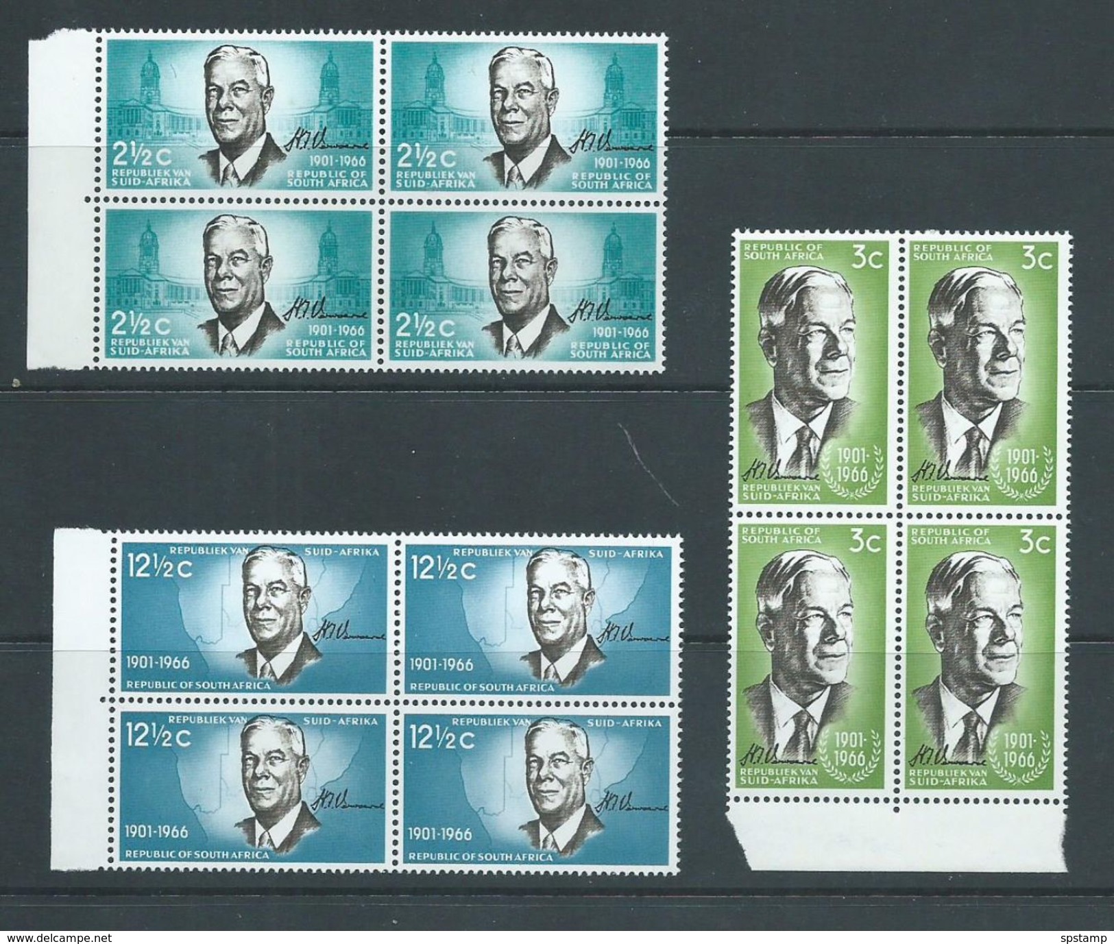 South Africa 1966 Prime Minister Verwoerd Set 3 MNH Blocks Of 4 - Unused Stamps