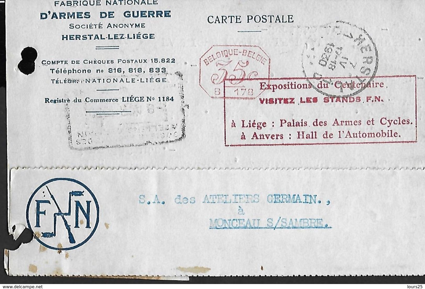 ! - Belgique - Carte Imprimée Avec Cachet De Valeur 35c - Fabrique Nationale D'Armes De Guerre - 1930 - Lettres & Documents