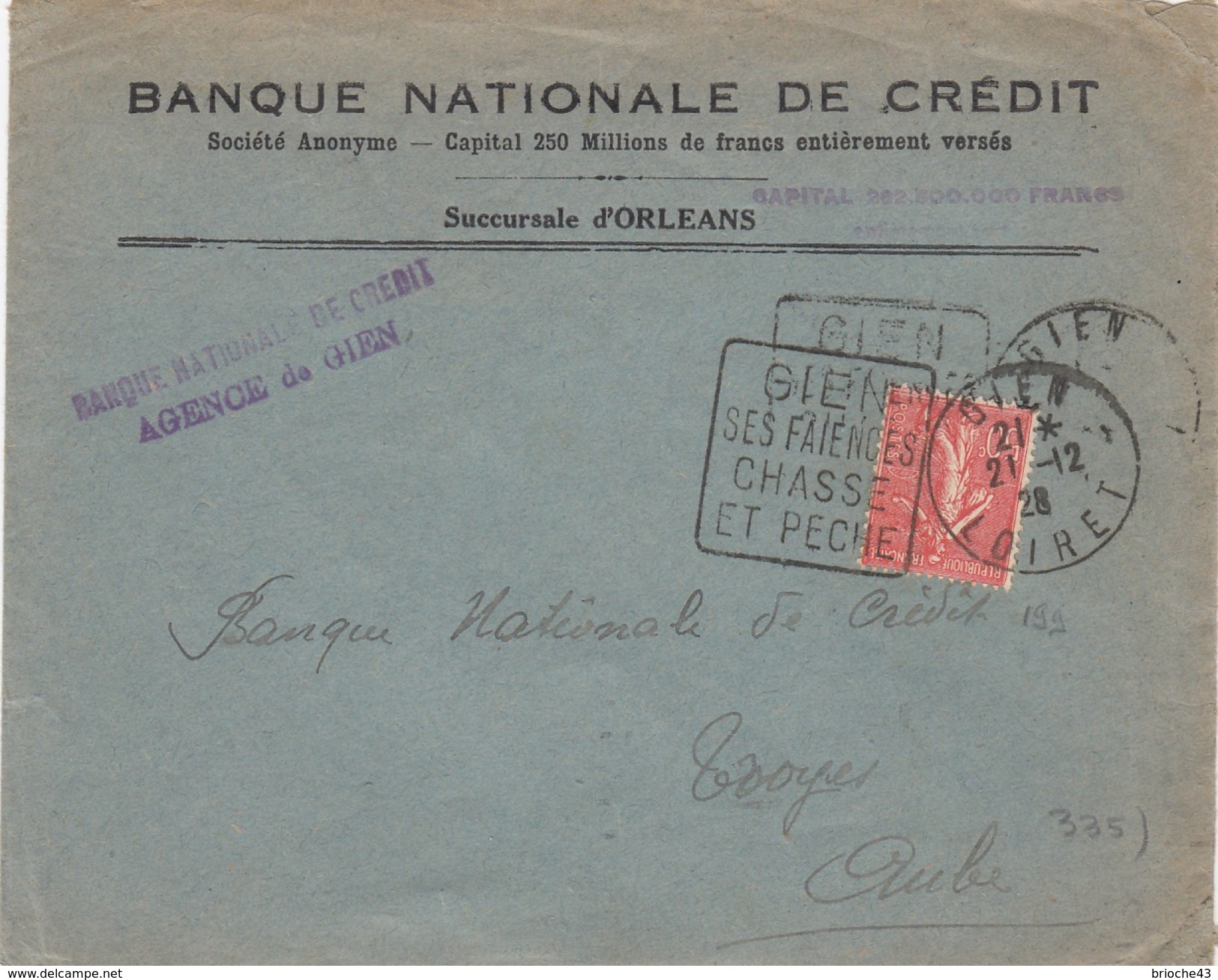 FRANCE- LETTRE BANQUE NATIONALE DE CREDIT SUC. ORLEANS - DAGUIN GIEN - SEMEUSE 50c SEUL - GIEN LOIRET 21.12.28  /1 - Libération