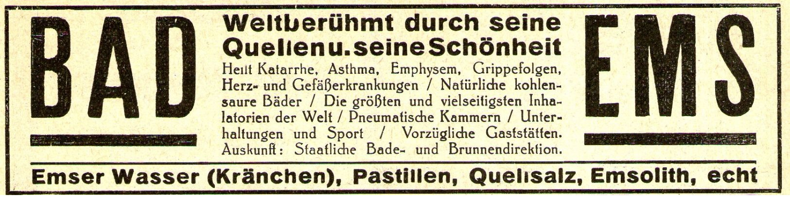 Original-Werbung/ Anzeige 1928 - BAD EMS - Ca. 140 X 35 Mm - Werbung