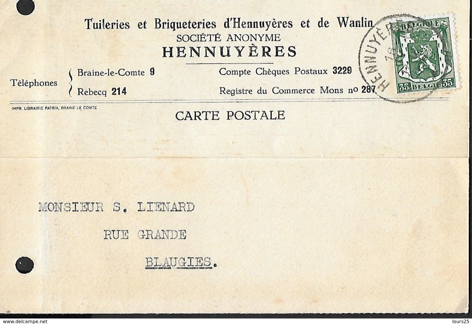 ! - Belgique - Carte Imprimée De SA Hennuyères - Avec Timbre COB - OBP - 425 - De 1936 - Covers & Documents