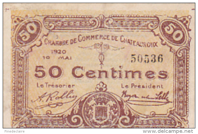 Billet Chambre De Commerce De Chateauroux - 50 Centimes - 10 Mai 1920 - Filigrane Abeilles - Chambre De Commerce