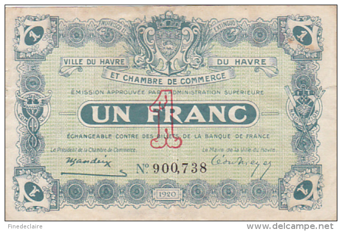 Billet Chambre De Commerce Du Havre - Un Franc - 15 Janvier 1920 - Filigrane Abeilles - Chambre De Commerce